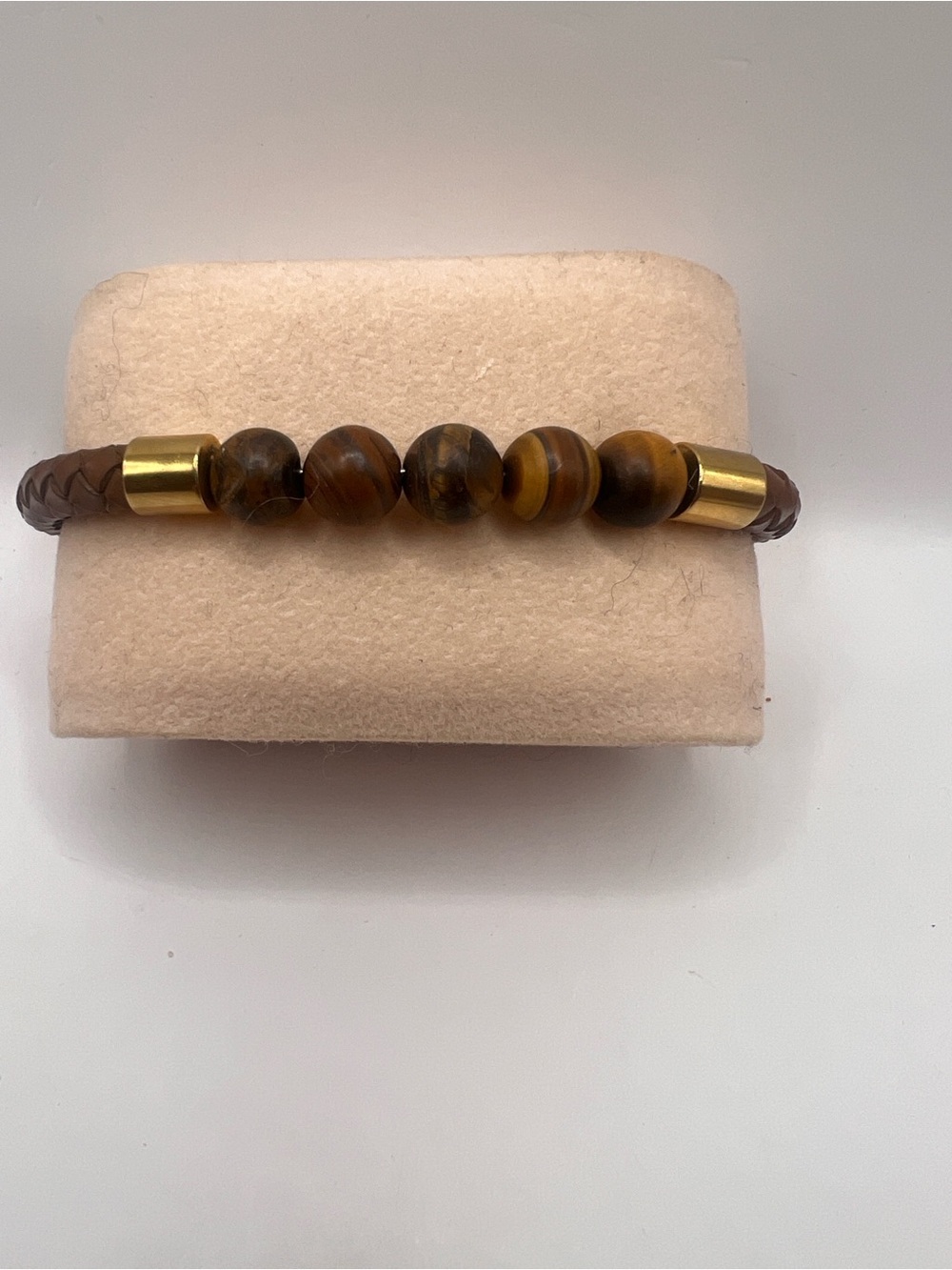 Brown Braided Leather Bracelet with Tiger Eye Beads and Gold Accents
